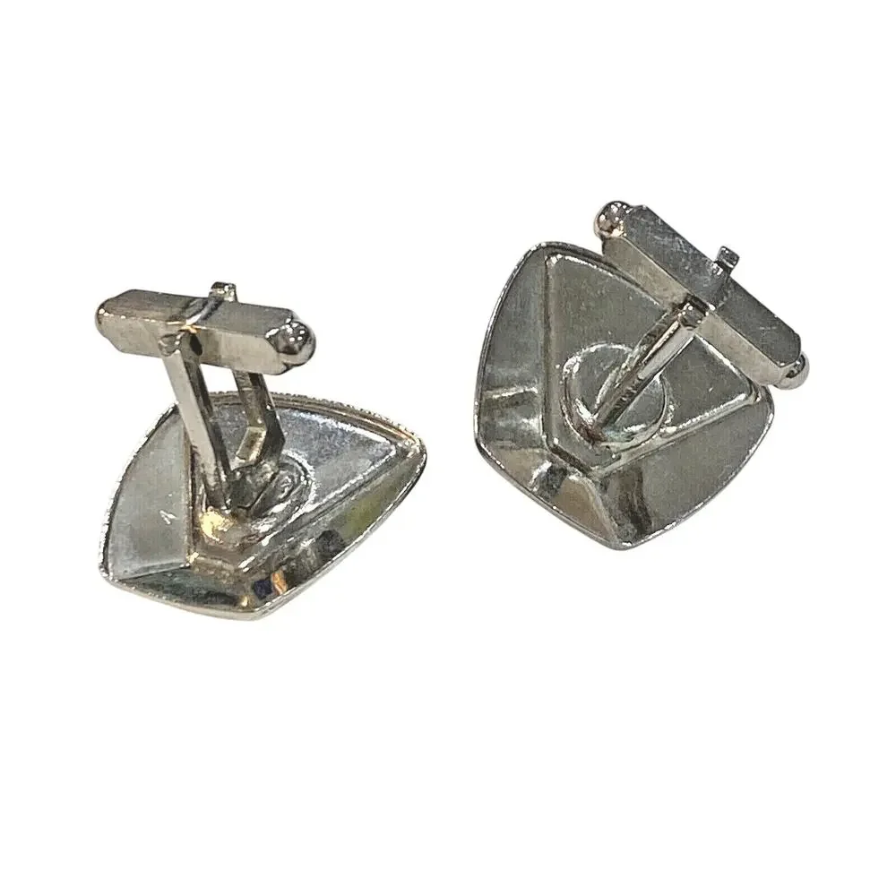 Vintage mid century cufflinks silvertone & carved black stone with rhinestones